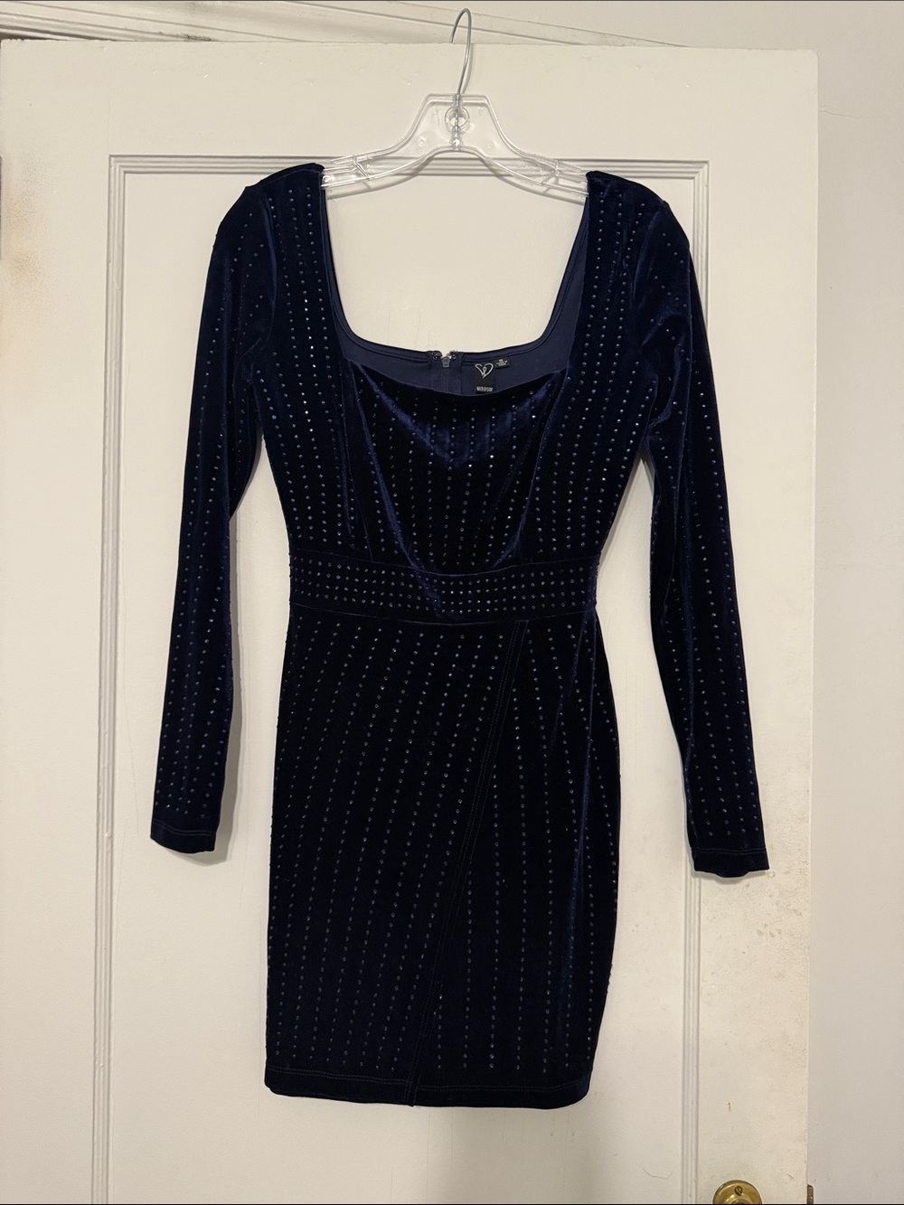 Windsor Navy Velvet Long-Sleeve Sheath Dress with Subtle Stud Detailing